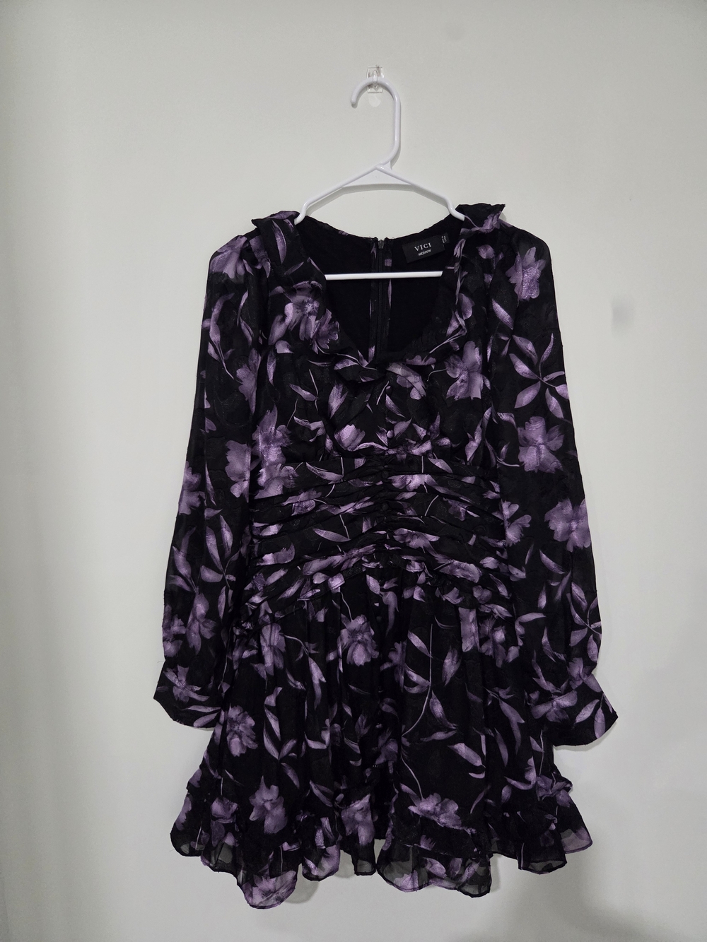 VICI Black and Purple Floral Long-Sleeve Ruffle Dress